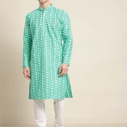 SOJANYA Men Sea Green & White Embroidered Kurta with Churidar-18