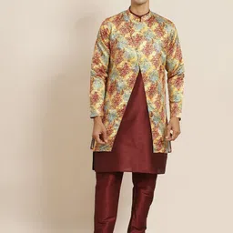 SOJANYA Men Maroon & Mustard Yellow Solid Kurta with Churidar & Ethnic Printed Jacket-42