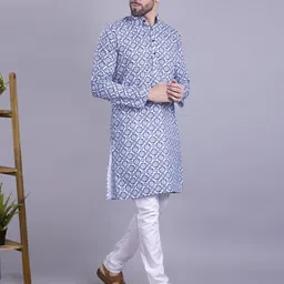SHIWAM ETHNIX Men Geometric Printed Cotton Mandarin Collar Kurta-image-59