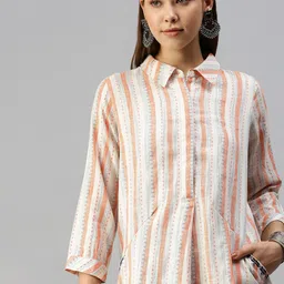 Global Desi Coral & White Shirt Collar Striped Tunic-image-27