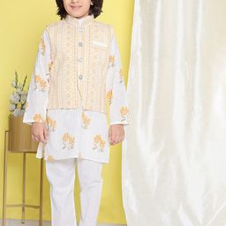 Aj DEZInES Boys Floral Printed Mandarin Collar Pure Cotton Kurta with Pyjamas & Jacket-23