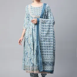 MEERA FAB Women Blue Paisley Printed Sequinned Pure Cotton Kurta with Trousers & Dupatta-image-89