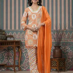 Readiprint Fashions Floral Printed Thread Work Pure Cotton Kurti With Trousers & Dupatta-image-48