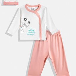 TINYO Infant Boys Off-White & Peach-Coloured Printed Cotton T-shirt with Trousers & Cap-11