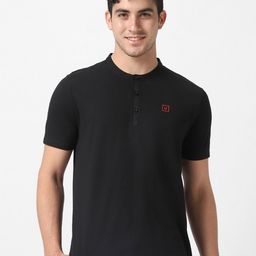 Urbano Fashion Men Black Solid Mandarin Collar Pure Cotton T-shirt-image-60