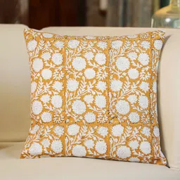 Aura Off White & Orange Floral Cotton Square Cushion Cover-image-20