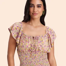 20Dresses Beige Floral Printed Flutter Sleeve Smocked Fitted Top-picture-54