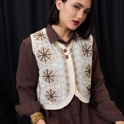 Globus Women Beige V-Neck Indie Pattern Self Design Crochet Fusion Waistcoat-46