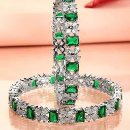 Rubans Set of 2 Rhodium-Plated Emerald Green & White Cubic Zirconia Studded Floral Bangles-54