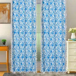 Cortina White & Blue Single Floral Printed Long Door Curtain-image-78