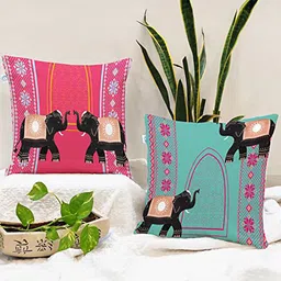 STITCHNEST Pink & Blue Set of 2 Ethnic Motifs Square Cushion Covers-4