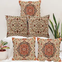 STITCHNEST Brown & Red Set of 5 Ethnic Motifs Square Cushion Covers-34