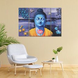 Kuber Industries Blue & Yellow 9 Pieces Lord Buddha MDF Wooden Painting Wall Art-36