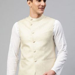 MANQ Men Cream-Coloured Ethnic Motifs Jaquard Woven Design Nehru Jacket-27