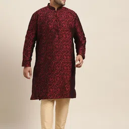 SOJANYA PLUS Men Plus Size Red & Black Woven Design Straight Kurta-5