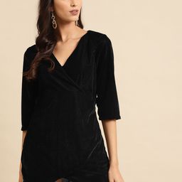 DODO & MOA Women Black Solid Velvet Finish Mini Wrap Dress-image-92