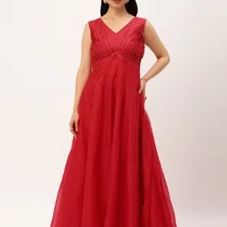 Ethnovog Red Embellished Embroidered Sequinned Maxi Dress-picture-10