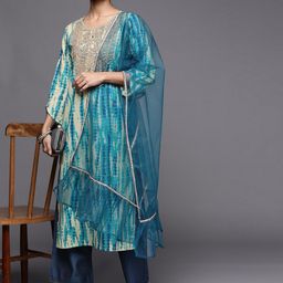 Indo Era Woman Blue Tie & Dye Straight Kurta Palazzos With Dupatta Set-picture-32