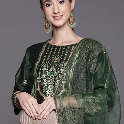 Indo Era Women Green Ethnic Motifs Printed Liva Kurta with Palazzos & With Dupatta-image-36