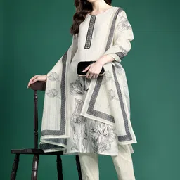 Indo Era Floral Printed Linen Kurta with Trousers & Dupatta-picture-26