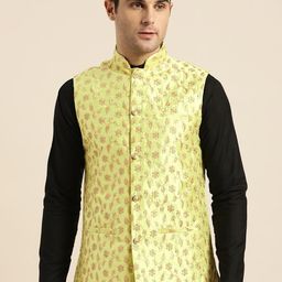 SOJANYA Men Lime Green & Golden Embroidered Nehru Jacket-27