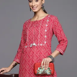 Varanga Women Red & White Bandhani Embroidered Indie Prints Kurta-picture-31
