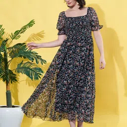 ANVI Be Yourself Floral Print Puff Sleeve Georgette Fit & Flare Midi Dress-image-18