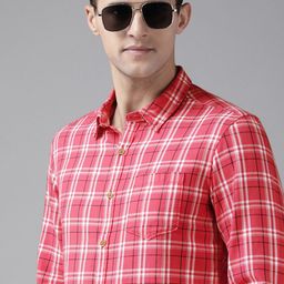 BEAT LONDON by PEPE JEANS Men Coral Red & White Slim Fit Checked Pure Cotton Casual Shirt-image-95