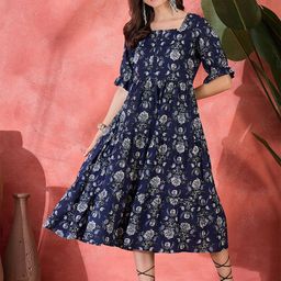 Sangria Women Floral Printed Pure Cotton Square Neck Puff Sleeves Fit & Flare Midi Dress-picture-12