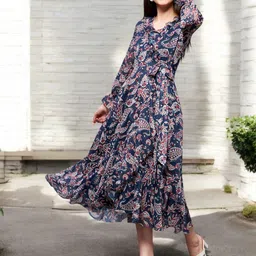 Miss Chase Floral Print Flutter Sleeve Chiffon Fit & Flare Midi Dress-15