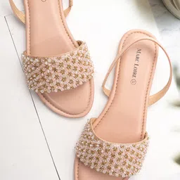Marc Loire Women Nude-Coloured Embellished Open Toe Flats-picture-11