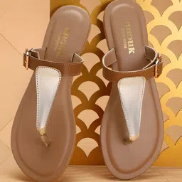 Anouk Women Gold-Toned & Brown Colourblocked T-Strap Flats-image-13
