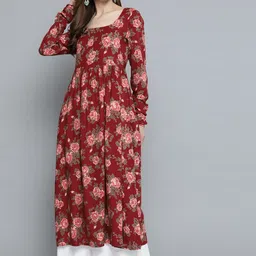 HERE&NOW Women Maroon & Peach-Coloured Floral Printed Floral Kurta-55