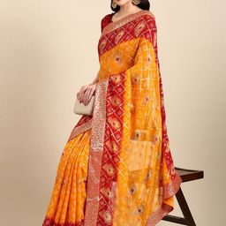 Mitera Bandhani Foil Print Beads & Stones Satin Pure Georgette Saree-36