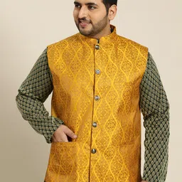 Sojanya PLUS Men's Mustard Yellow & Golden Woven Design Nehru Jacket-20