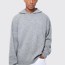 boohooMAN Melange Effect Boxy Drop Shoulder Acrylic Hooded Sweatshirt-picture-22
