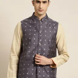 Sojanya Men Charcoal Grey & Silver Self Design Nehru Jacket-5