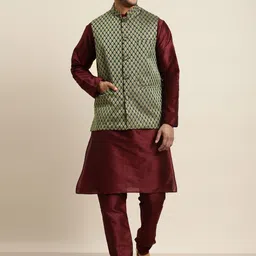 SOJANYA Men Maroon Solid Kurta with Churidar & Nehru Jacket-picture-46