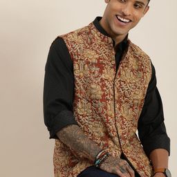 Taavi Men Brown Kalamkari Printed Pure Cotton Nehru Jacket-19