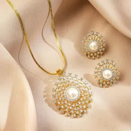Rubans 18K Gold-Plated Pearl & White Cubic Zirconia Studded Sunburst Pendant Necklace Set-34