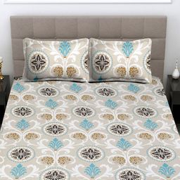 FABINALIV Cream-Coloured & Blue Floral 300 TC Double King Bedsheet With 2 Pillow Covers-image-86