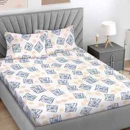 FABINALIV Cream-Coloured & Blue Printed 300 TC Super King Bedsheet Set 2.7 m x 2.7 m-image-5