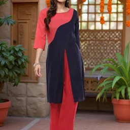 Pannkh Women Navy Blue & Pink Colourblocked Straight Kurta-image-93