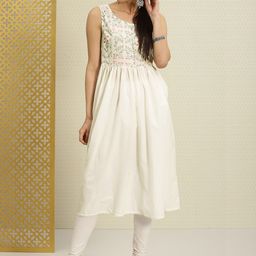 House of Pataudi Women Off-White Printed A-Line Kurta-picture-55