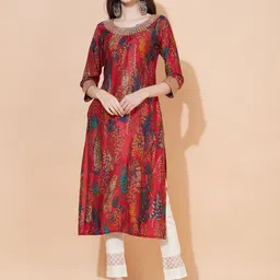 FASHOR Women Red Printed Flared Sleeves Thread Work Kurta-picture-44
