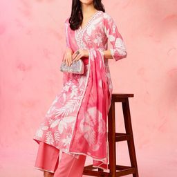 EthniFlair Floral Printed V-Neck Pure Cotton A-Line Kurta With Trousers & Dupatta-44