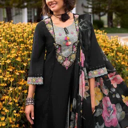 Indo Era Floral Embroidered Thread Work Pure Cotton Kurta with Trousers & Dupatta-51