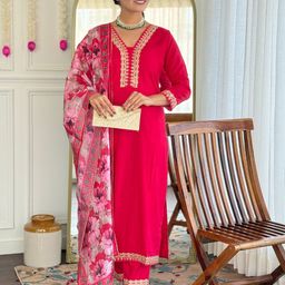 KALINI Women Floral Embroidered Regular Thread Work Kurta with Trousers & With Dupatta-image-46