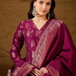 House of Pataudi Women Floral Woven Design Chanderi Kurta with Palazzo & Dupatta-26