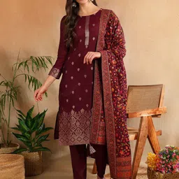 KALINI Ethnic Motifs Regular Chanderi Silk Straight Kurta with Trousers & Dupatta-image-30